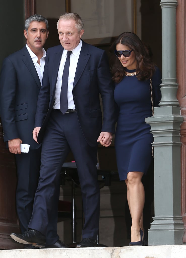 Salma Hayek Wears Blue at Paris Fashion Week 2015