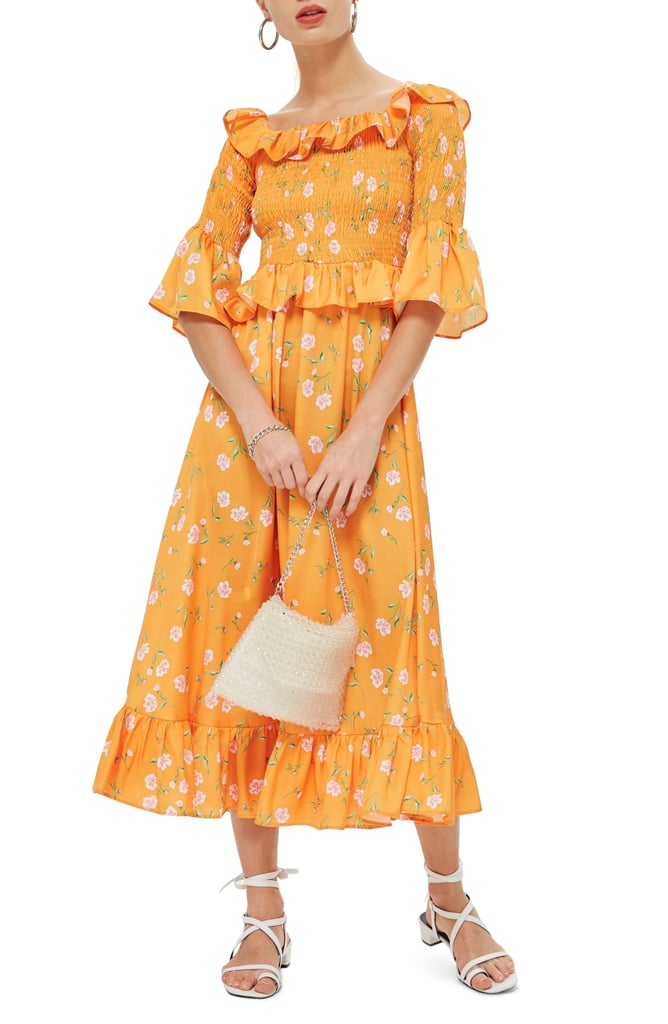 Topshop Shirred Ruffle Midi Dress