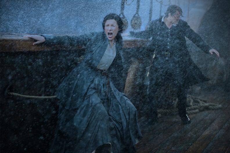 Jamie goes after Claire when she falls overboard during a storm