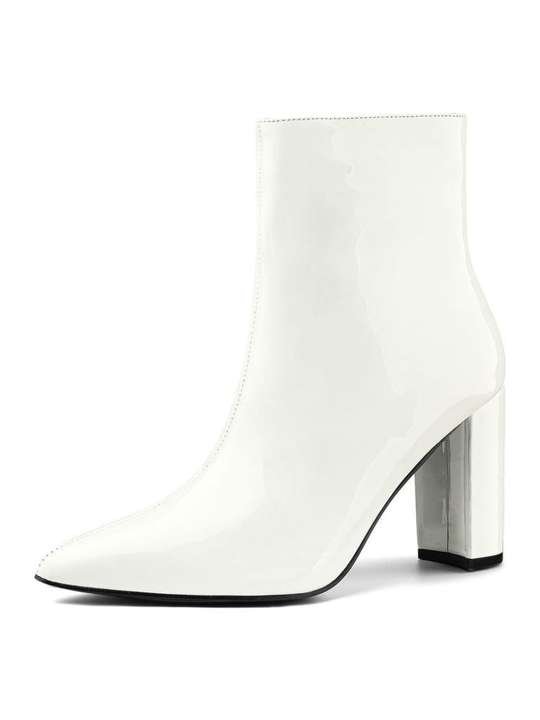 Allegra K Women's Pointed Toe Zipper Patent Leather Ankle Chunky Boots