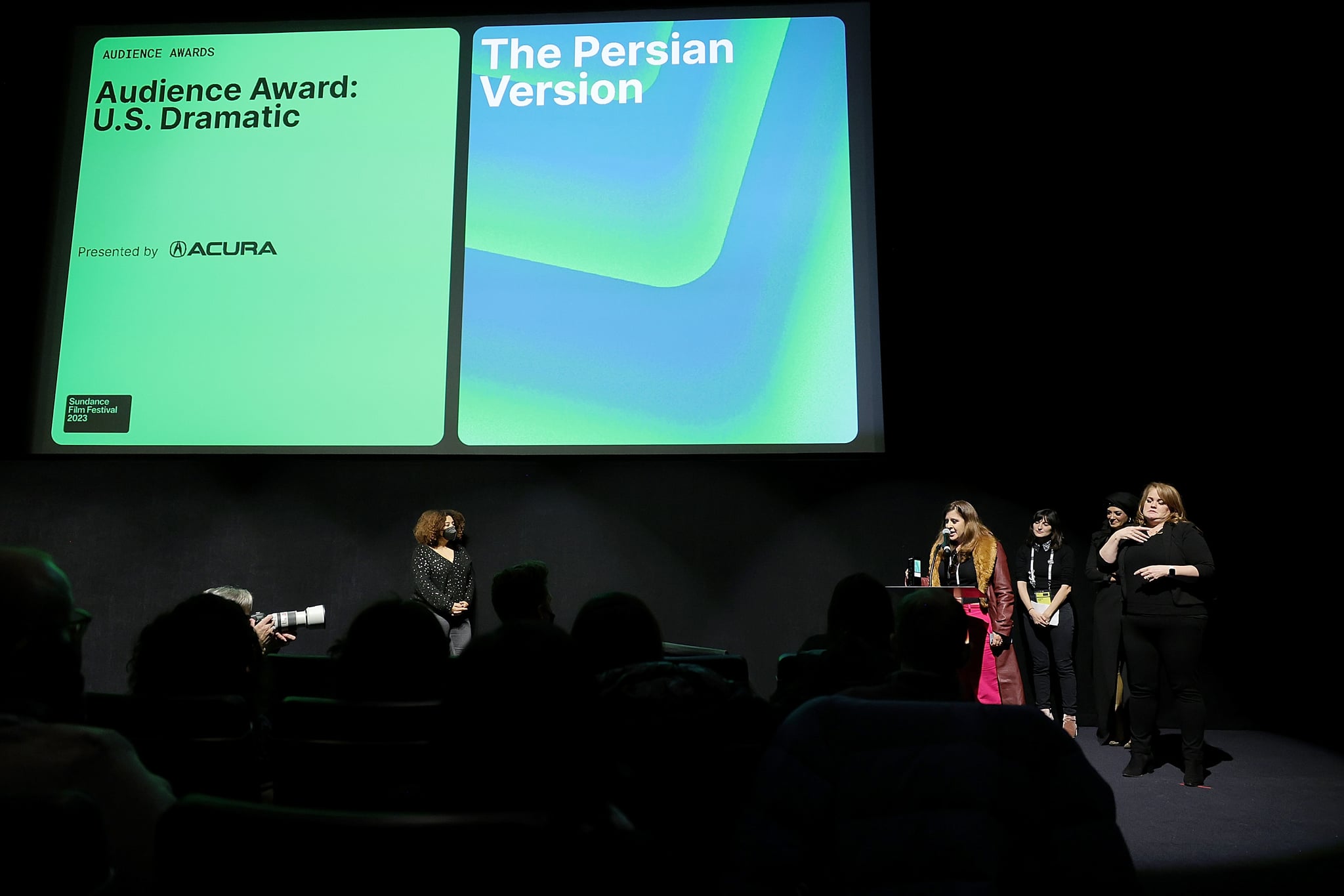 PARK CITY, UTAH - JANUARY 27: Maryam Keshavarz accepts  The Audience Award: U.S. Dramatic for 'THE PERSIAN VERSION' during the 2023 Sundance Film Festival Awards Ceremony at The Ray Theatre on January 27, 2023 in Park City, Utah. (Photo by Michael Loccisano/Getty Images)