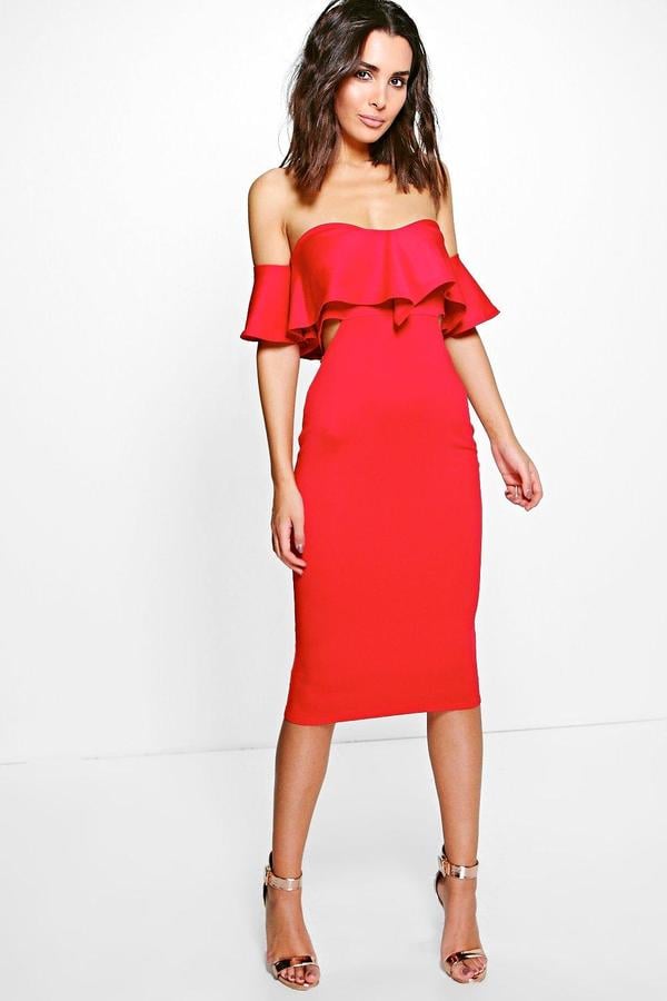 boohoo Kyra Frill Detail Midi Bodycon Midi Dress