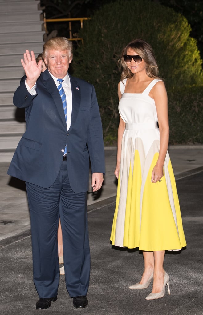 Melania's daffodil Delpozo dress was like lightning in the night when she returned to the White House from vacation in August 2017. Her visor top shades, however, were an unexpected twist.