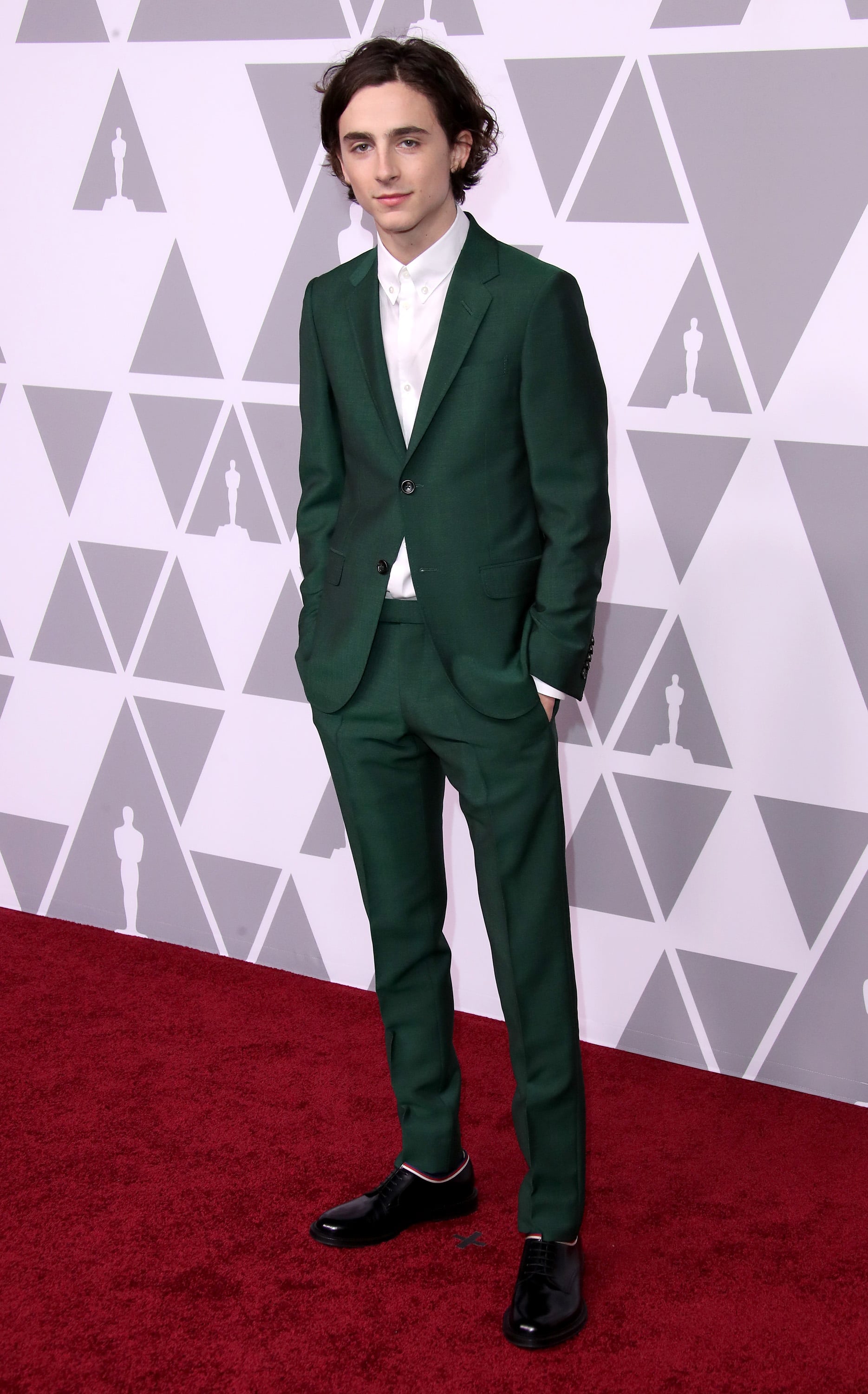 Timothée looked dapper a green Gucci suit at the 2018 Oscar How Timothée Chalamet Became One of the Best-Dressed Stars of Our Generation | POPSUGAR Photo 25