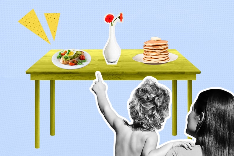 collage of a parent and child pointing at a kitchen table