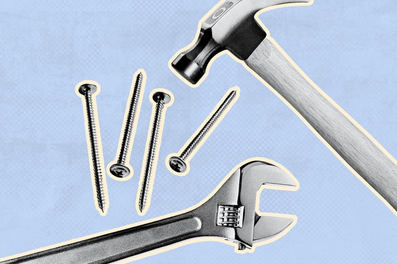 A collage of tools used in blue collar, trades work including nails, a wrench, and a hammer.
