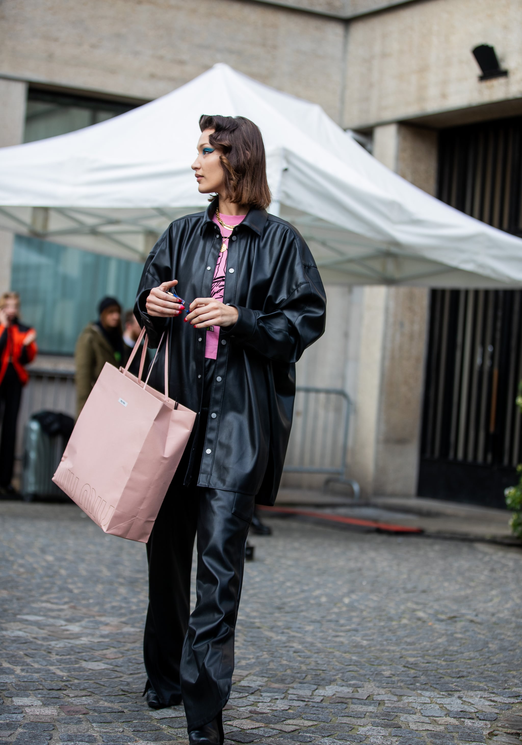 jacket, fashion week street style, printed bag, mini bag, louis