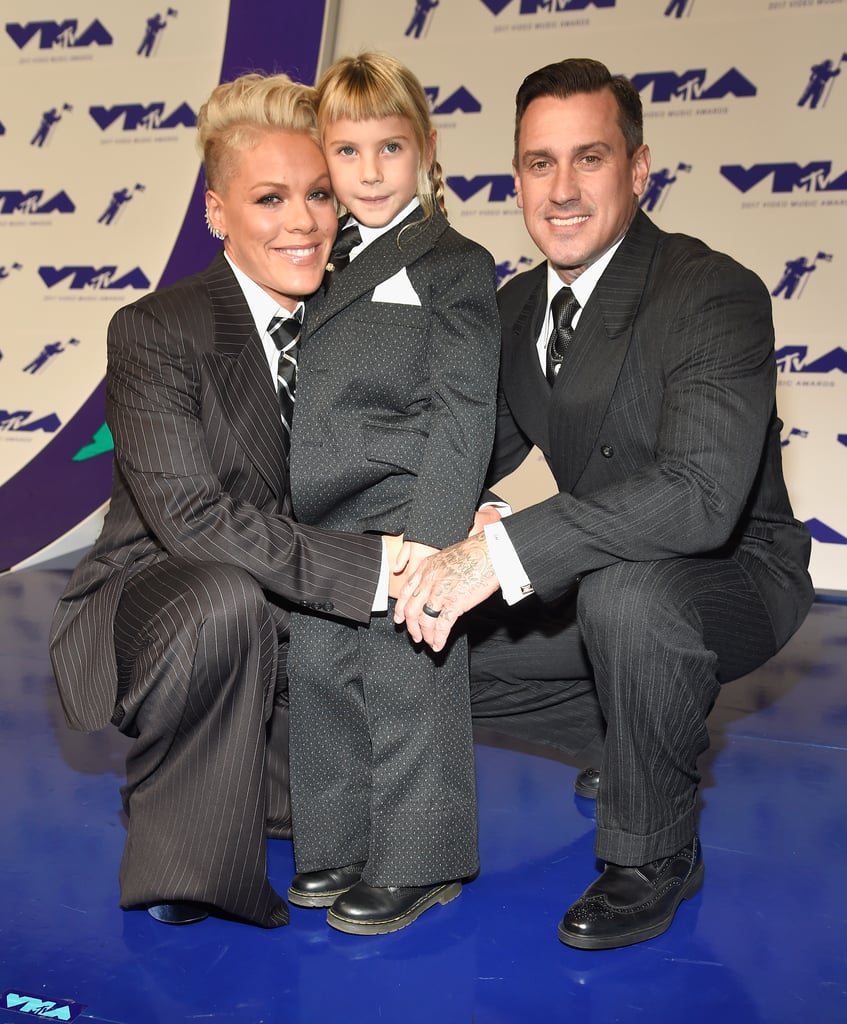 Pink showed up in style for an exciting night at the MTV VMAs on Sunday, and she wasn't alone. The "What About Us" singer hit the red carpet with her husband, Carey Hart, and their 6-year-old daughter, Willow, and they all wore matching black '40s-style suits. Missing from the fun was their baby son, Jameson, who either stayed home because he couldn't get his suit tailored in time or because he's only 8 months old. "I got to bring my family . . . three out of four of us," Pink said on the red carpet, adding, "It's a beautiful night."   
During the show, Pink performed a powerful medley of her hits, and was honoured with the Michael Jackson Video Vanguard Award by friend Ellen DeGeneres; she dedicated her emotional speech to Willow and recounted a recent conversation they had about beauty standards and self-confidence that will bring tears to your eyes. Carey took time to celebrate his wife earlier in the night with a vintage snap from 2009, and played the role of proud husband while watching her speech from the audience. Keep reading for all the photos from Pink's night, then look back at her best VMAs moments over the years.

    Related:

            
            
                                    
                            

            The Sweetest Pictures of Pink and Her Family
