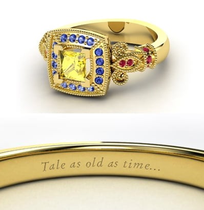 Sierra from Heck Yeah Disney Merch used Gemvara to create these Disney-princess-inspired rings — and they are spot-on, right down to the personalized engraving. You can buy Belle's ring here!