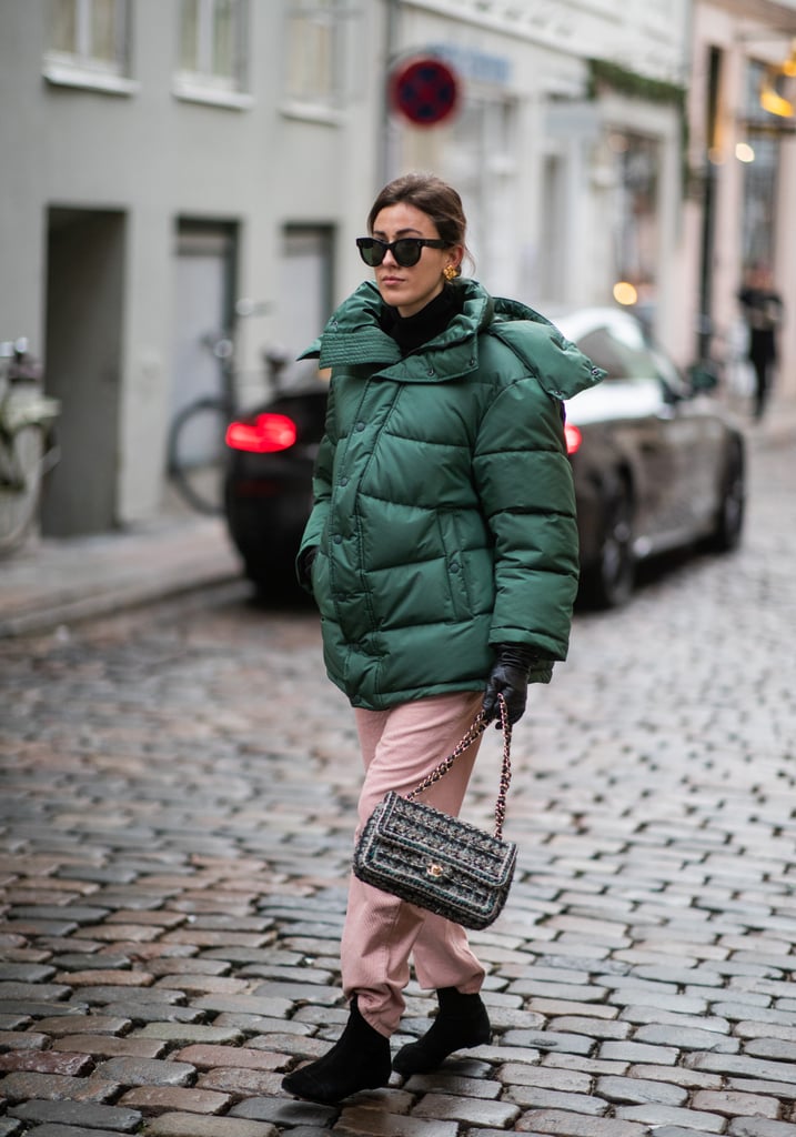 Style an Oversize Green Puffer With Pink Pants