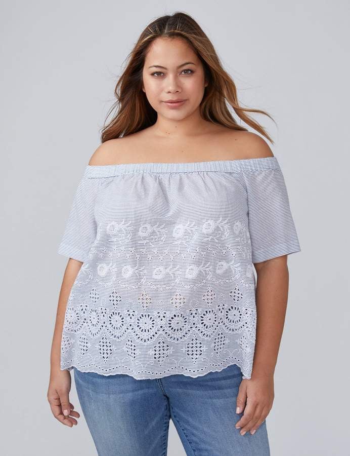 Lane Bryant Embroidered Striped Off-the-Shoulder Top