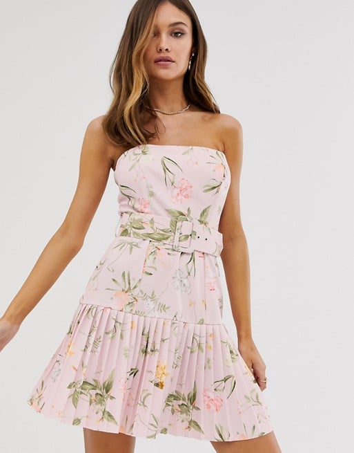 ASOS DESIGN Floral Bandeau Belted Pleated Dress