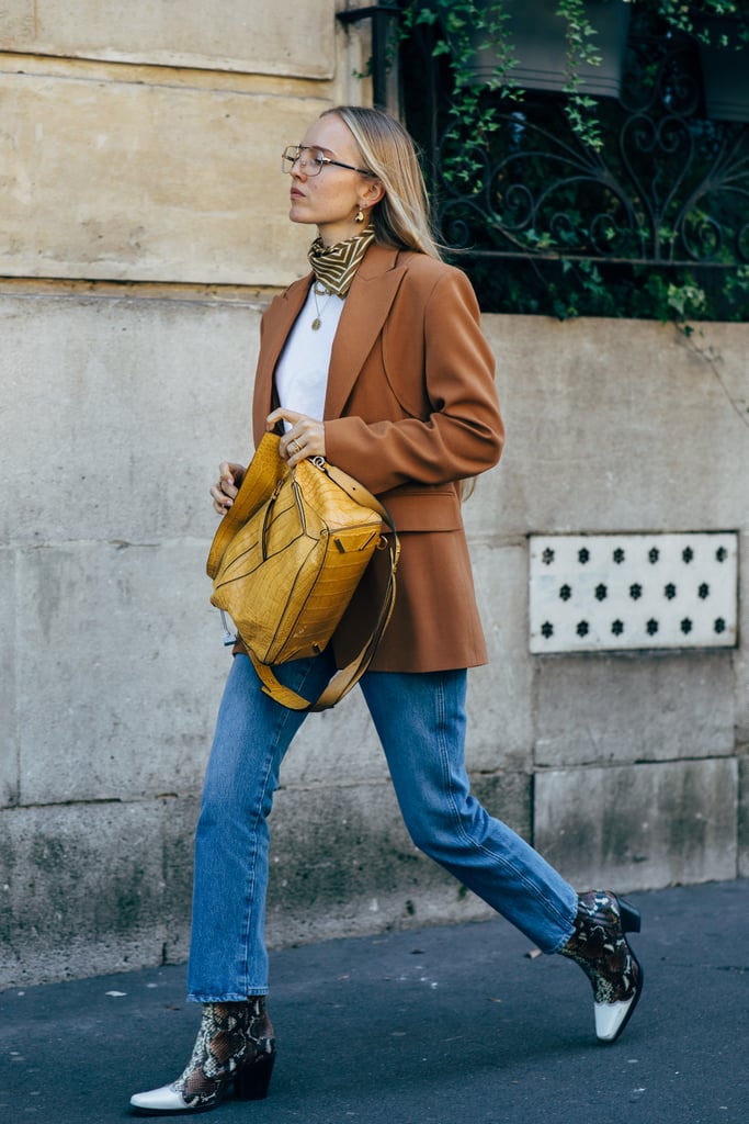 Bring your outfit full circle by matching your booties to your blazer or jacket and breaking it up with denim.