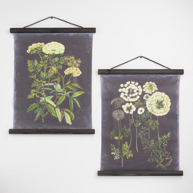 Black Botanical Linen Scroll Wall Hangings