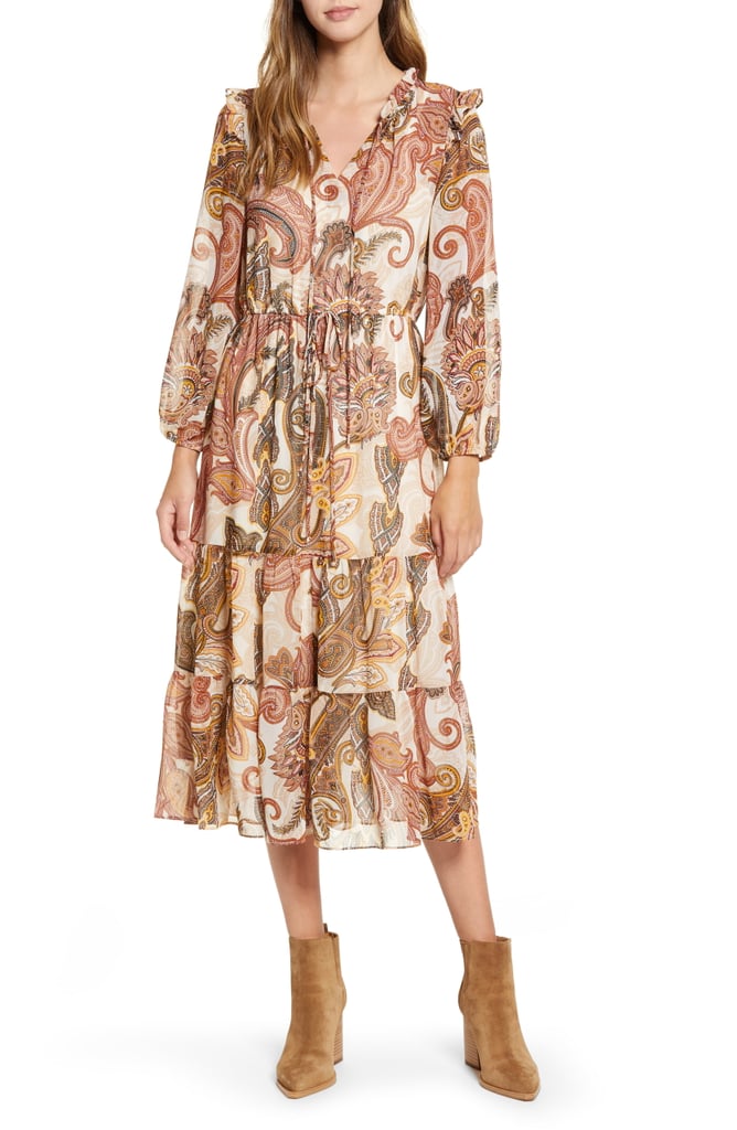 Julia Jordan Long-Sleeve Tiered Chiffon Midi Dress