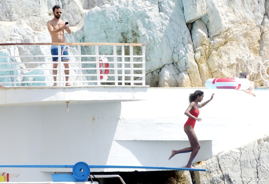 Justin Theroux and Laura Harrier Swimming in France May 2018