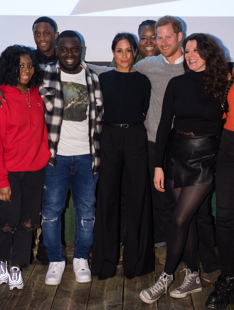 Back in January, Meghan showed off a head-to-toe black outfit. She wore a black Marks & Spencer sweater, black Burberry high-waisted flares, and Sarah Flint shoes.