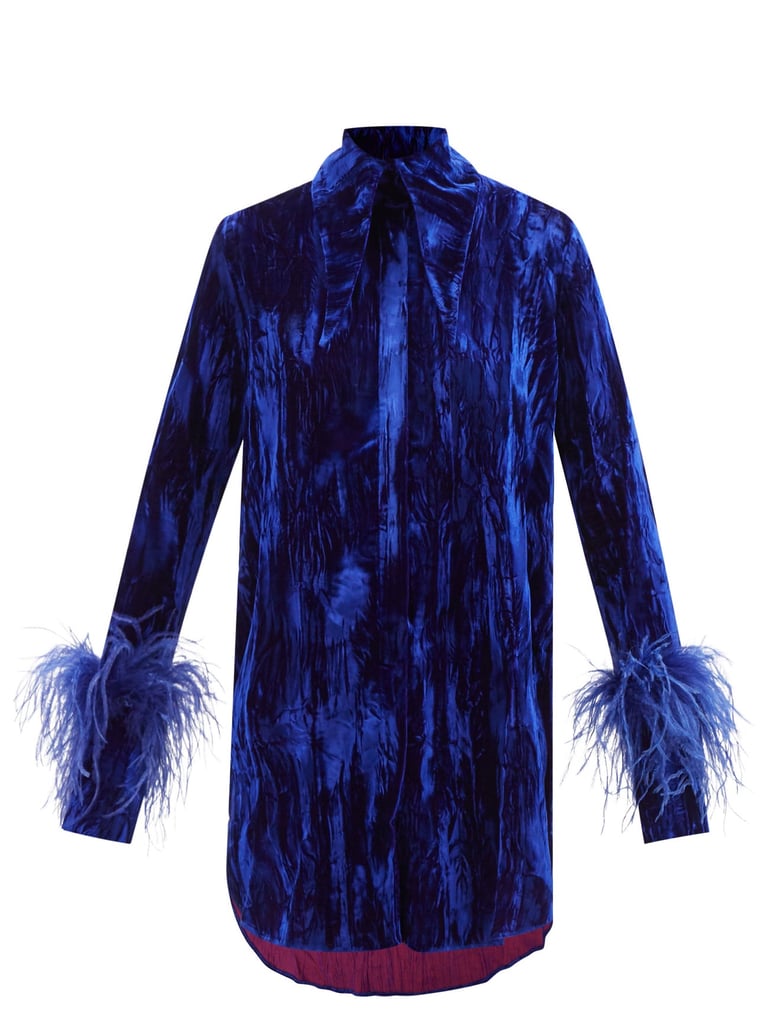 16Arlington Blue Seymour Feather-Trim Crushed-Velvet Shirt Dress