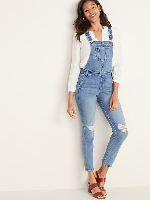 Distressed Jean Side-Zip Overalls