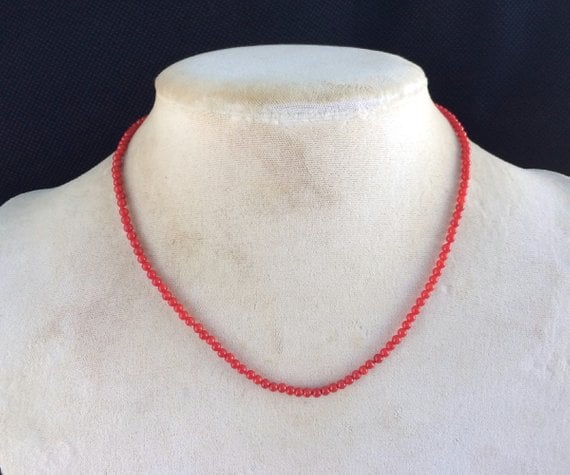 Semi Knotted Vintage Genuine Red Coral 3mm Round Beaded Necklace