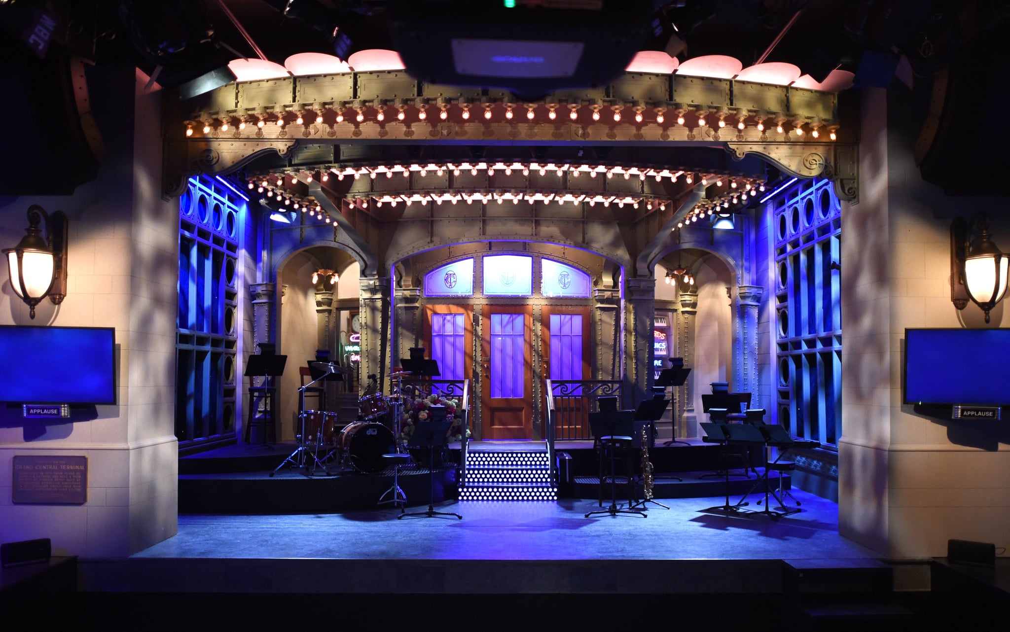 The SNL stage on  display during a media preview on May 29, 2015 at the Saturday Night Live: The Exhibition, celebrating the NBC programs 40-year history. The exhibit, which opens May 30, will illustrate a week in the life of SNL's offices and studios in 30 Rockefeller Centre - complete with original scripts, set  pieces, props, costumes, masks and interactive elements from the show's 40 years since debuting in October 1975.   AFP PHOTO  / TIMOTHY A. CLARY        (Photo credit should read TIMOTHY A. CLARY/AFP via Getty Images)