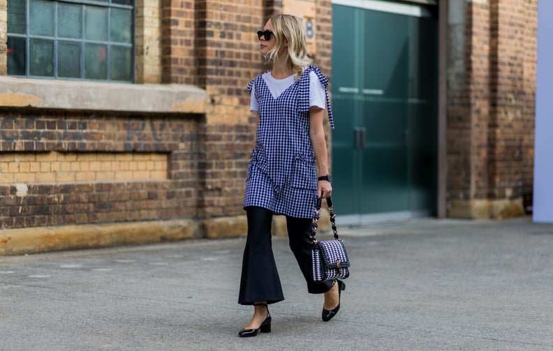 Play Up the Femininity of Gingham Print With Bell Bottoms and Block Heels