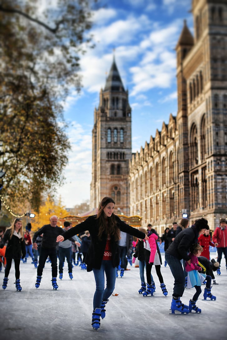 Ice skaters gathered at the Natural History Museum ice rink in London
