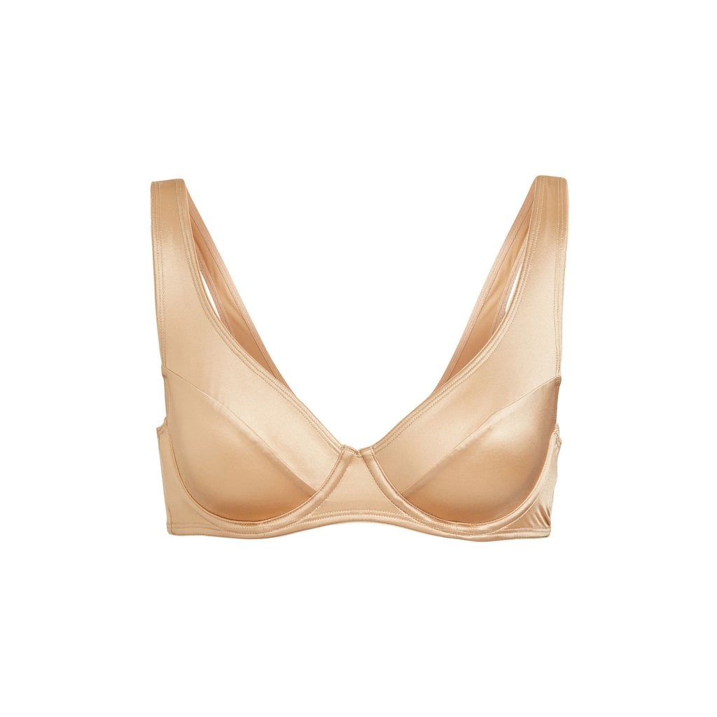 SKIMS Stretch Satin Scoop Back Underwire Bra in Honey