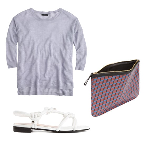 Get the look:

J.Crew Tunic Sweater ($80)
Pierre Hardy Cube-Print Large Zip Pouch ($225)
Opening Ceremony Strappy Sandals ($315)