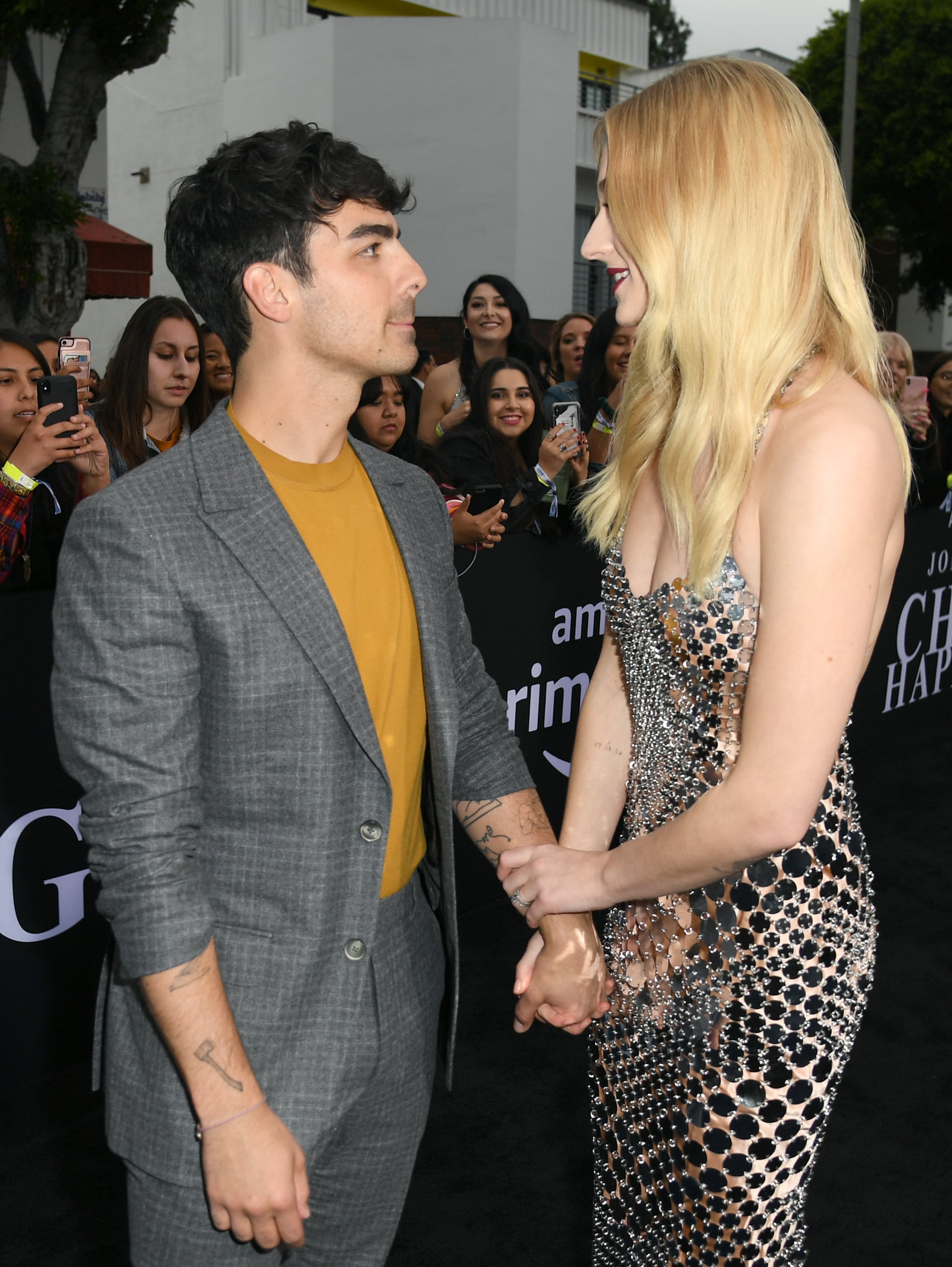 Sophie Turner Silver Chainmail Dress With Joe Jonas