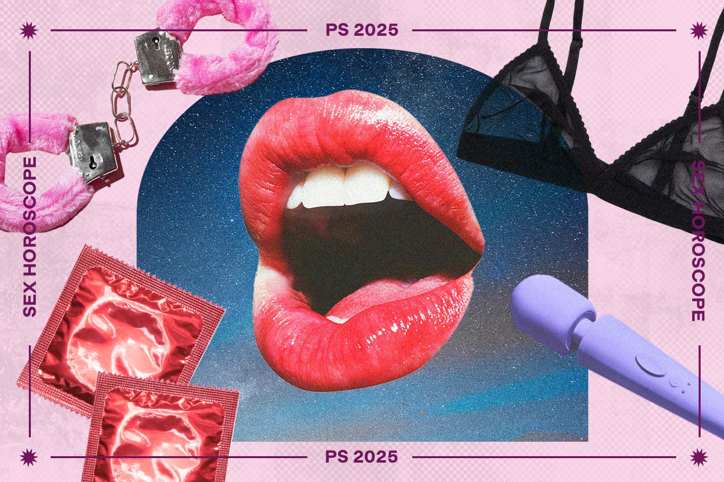 Design Image of Red Lips, Condoms, Vibrator, Bralette, Handcuffs on Pink Background