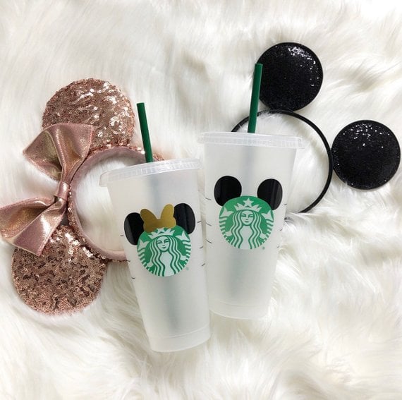 Mickey and Minnie Mouse Ears Personalized Iced Coffee Cup Set