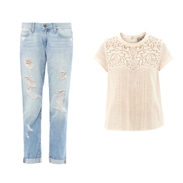 Paige Denim
Tyler distressed boyfriend jeans ($391), Sea
Lace short-sleeved cotton top ($350)