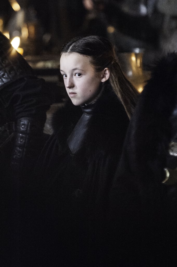 Lyanna Mormont, decked out in furry and leather pieces, is giving us all-black-outfit goals.