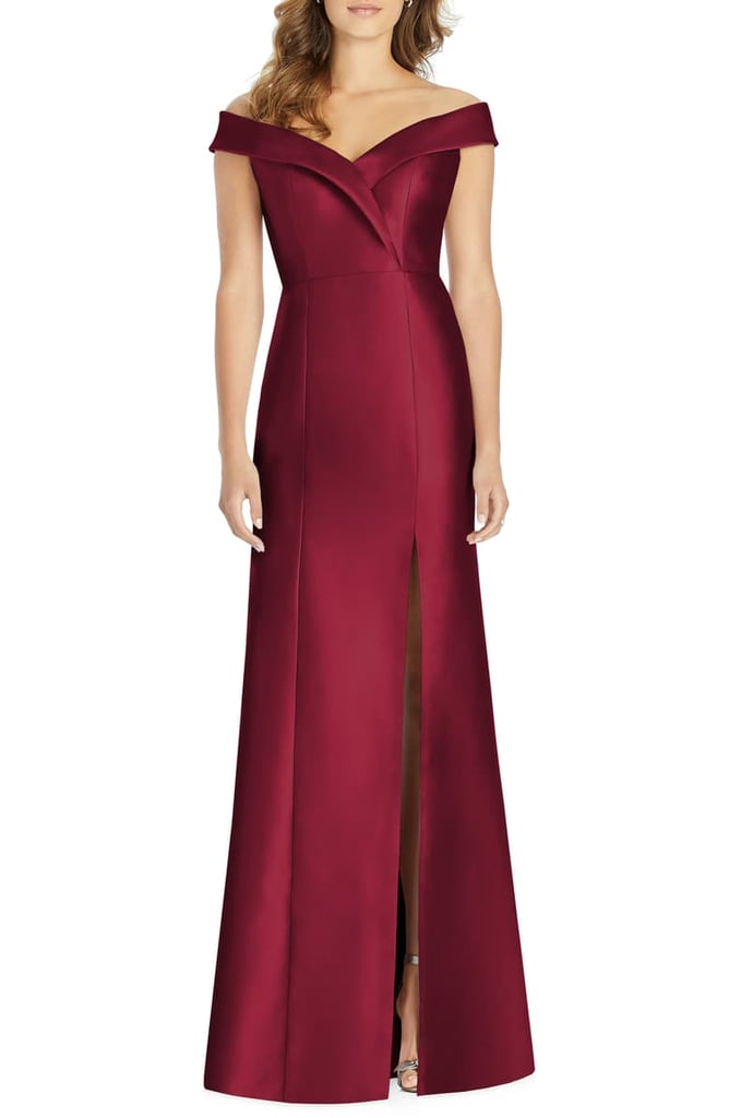 Alfred Sung Portrait Collar Satin Gown