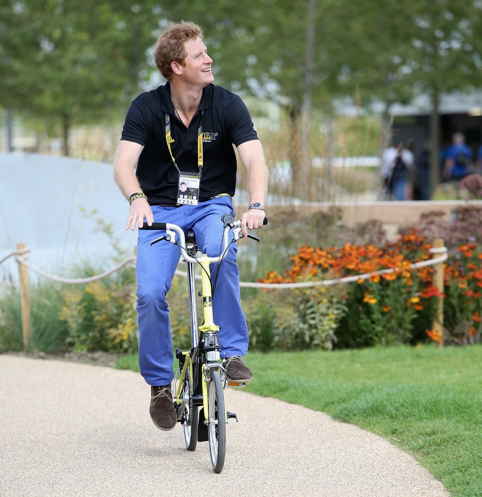 On Friday, Prince Harry made his way around the Invictus Games in London on a bike.