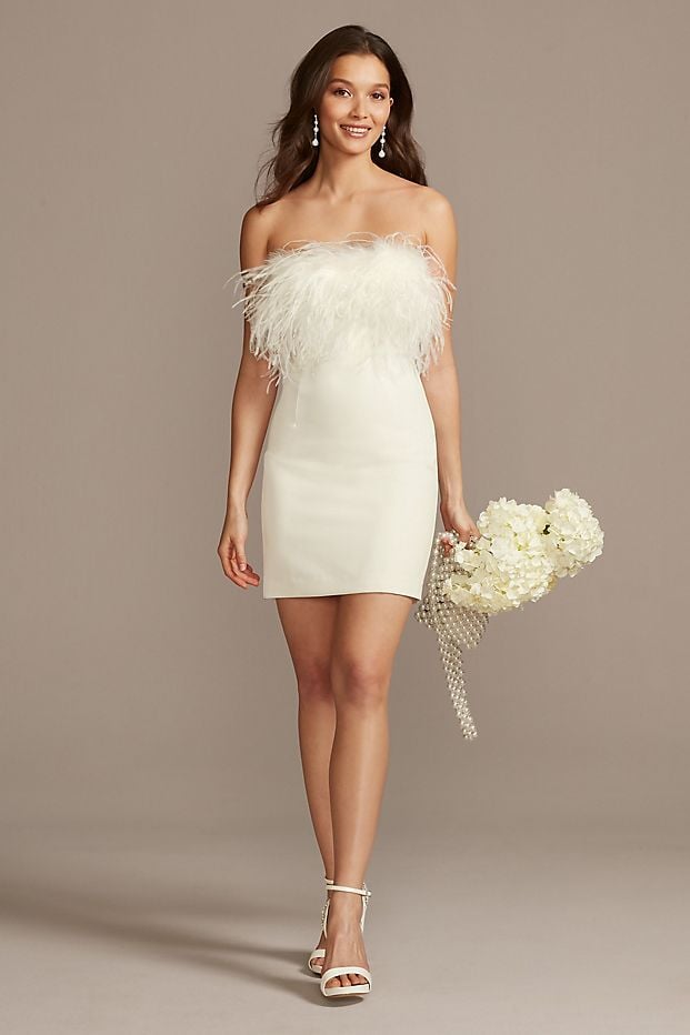 Short Wedding Dress Idea: David's Bridal Strapless Crepe Feather Trim Mini Dress
