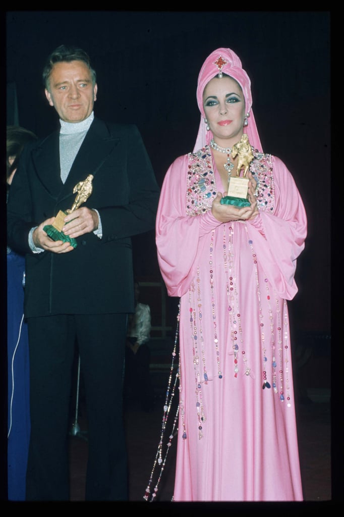 She wore this matching pink caftan and turban during a trip to Italy in 1973.