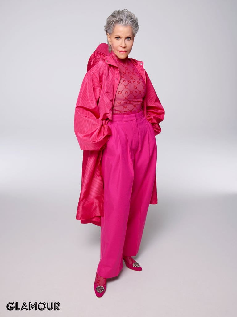 Jane Fonda in a Marine Serre jacket, top, and tights with Manolo Blahnik shoes for Glamour.