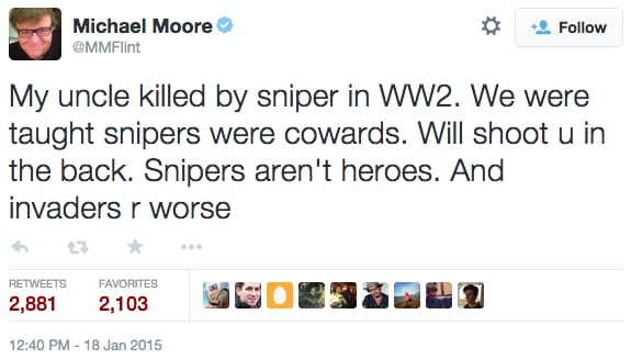 Meanwhile, Michael Moore tweeted a comment that people linked to American Sniper.