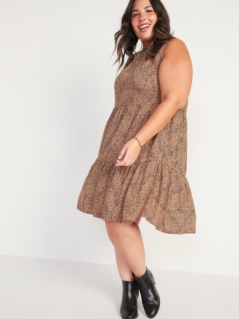 Printed Plus-Size Tiered Sleeveless Swing Dress