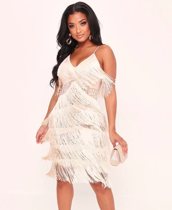 I Saw It First Nude Fringe & Lace Midi Dress