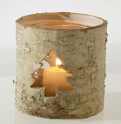 Rustic Birch Bark Votive Holder With Christmas Tree Cutout