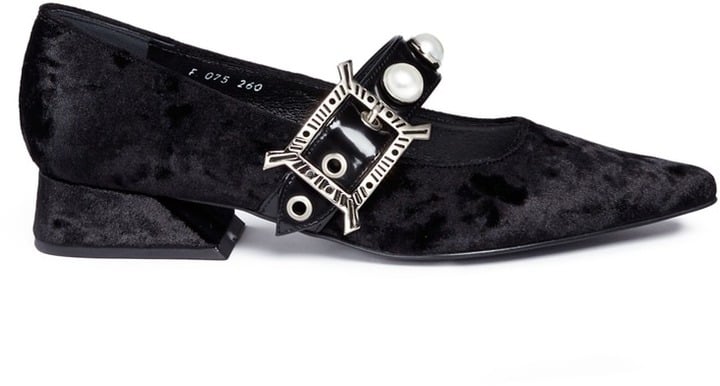 Yuul Yie Faux Pearl Leather Strap Velvet Mary Jane Pumps
