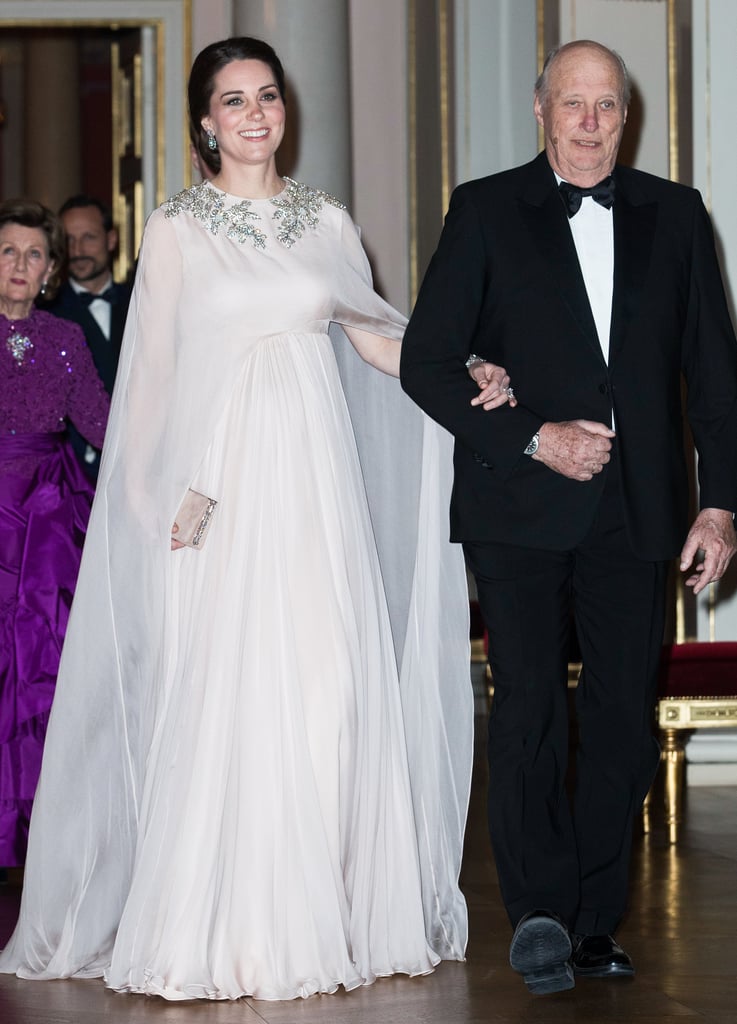 During day three of Kate and Prince William's visit to Sweden and Norway in February, the Duchess of Cambridge made her grand entrance in an Alexander McQueen gown. She wore the queen's sparkling pendant earrings along with the queen's bracelet.