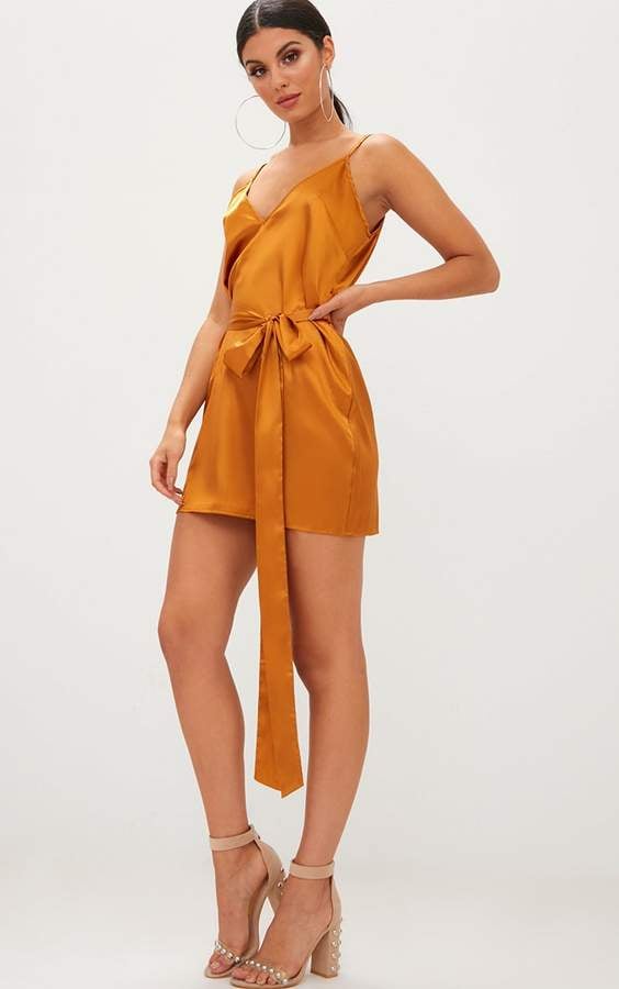 PrettyLittleThing Mustard Satin Belted Slip Dress