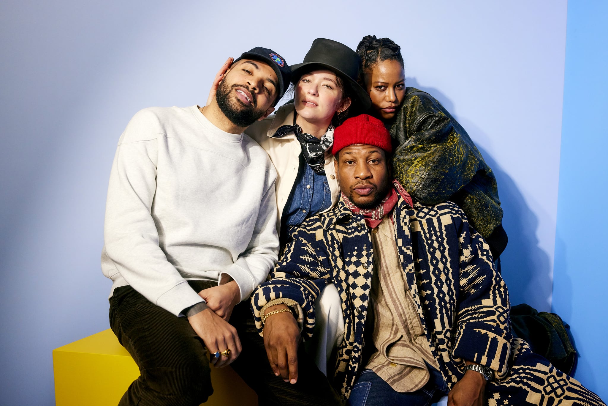 PARK CITY, UTAH - JANUARY 20: (L-R) Elijah Bynum, Haley Bennett, Jonathan Majors, and Taylour Paige visit The IMDb Portrait Studio at Acura Festival Village on Location at Sundance 2023 on January 20, 2023 in Park City, Utah. (Photo by Corey Nickols/Getty Images for IMDb)