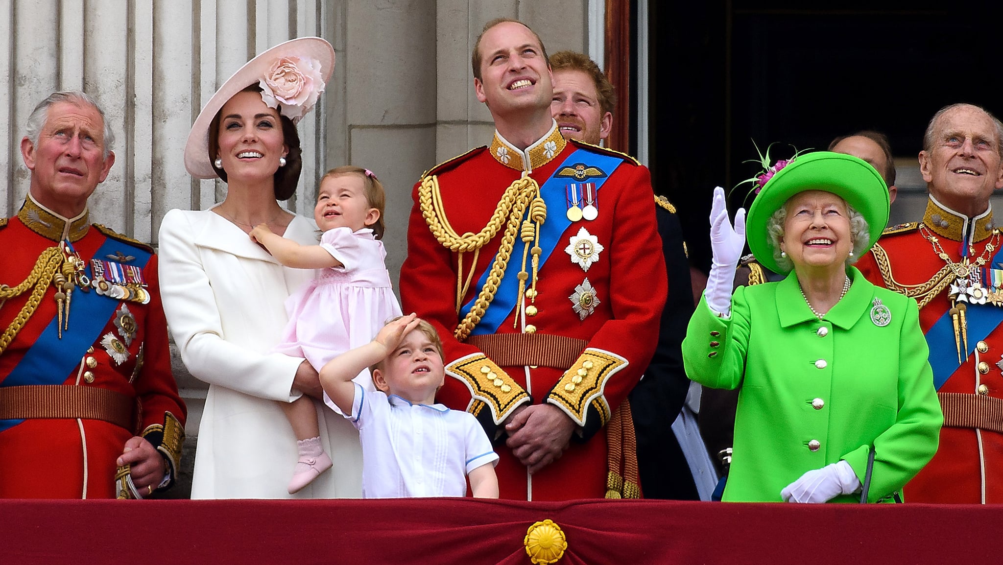 LONDON, ENGLAND - JUNE 11:  (L-R) Prince Charles, Prince of Wales, Catherine, Duchess of Cambridge, Princess Charlotte, Prince George, Prince William, Duke of Cambridge, Prince Harry, Queen Elizabeth II and Prince Philip, Duke of Edinburgh stand on the balcony during the Trooping the Colour, this year marking the Queen's 90th birthday at The Mall on June 11, 2016 in London, England. The ceremony is Queen Elizabeth II's annual birthday parade and dates back to the time of Charles II in the 17th Century when the Colours of a regiment were used as a rallying point in battle.  (Photo by Ben A. Pruchnie/Getty Images)