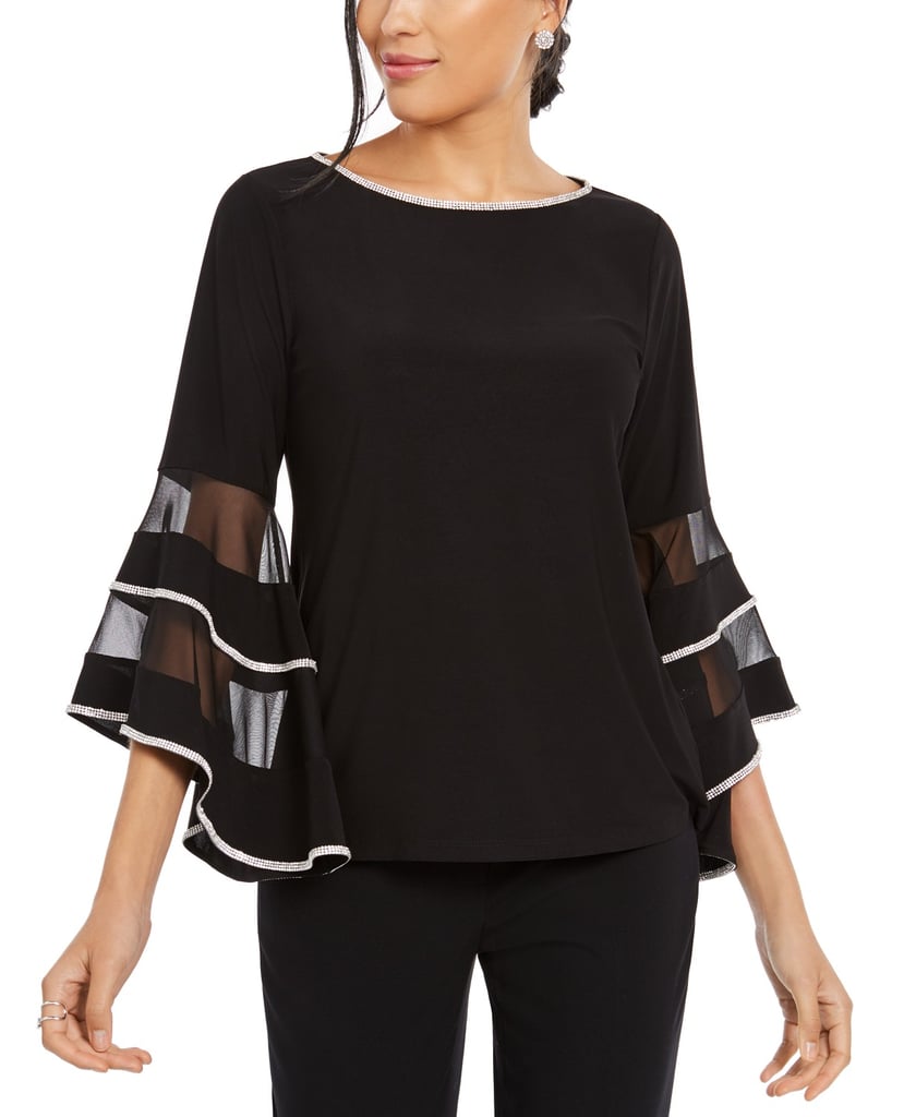 MSK Illusion Rhinestone Bell-Sleeve Top