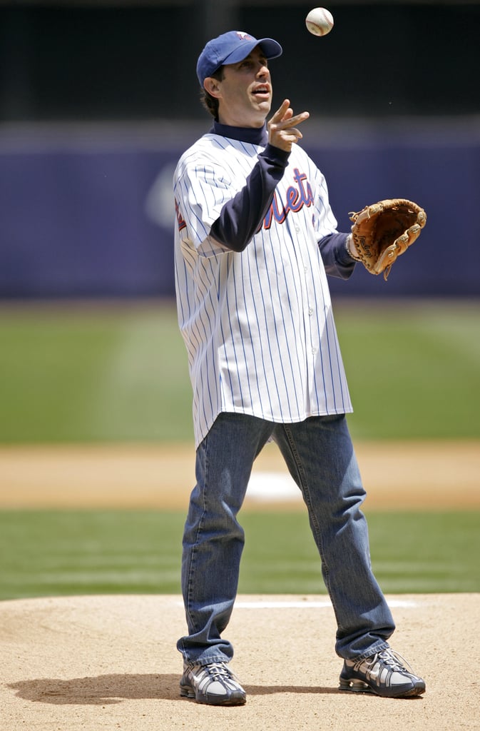 Jerry Seinfeld threw the ball around before his first pitch at the New York Mets game in May 2005.